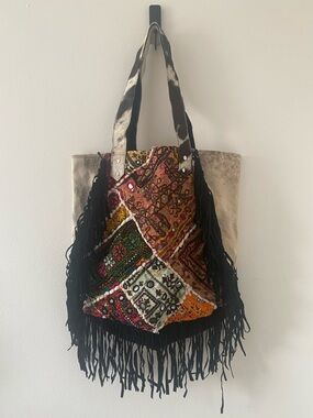 Boho Patchwork Fringe Tote Bag - Multicolor Cream & Black